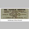Fig.7b: Harold Weston's contact details in 1919.